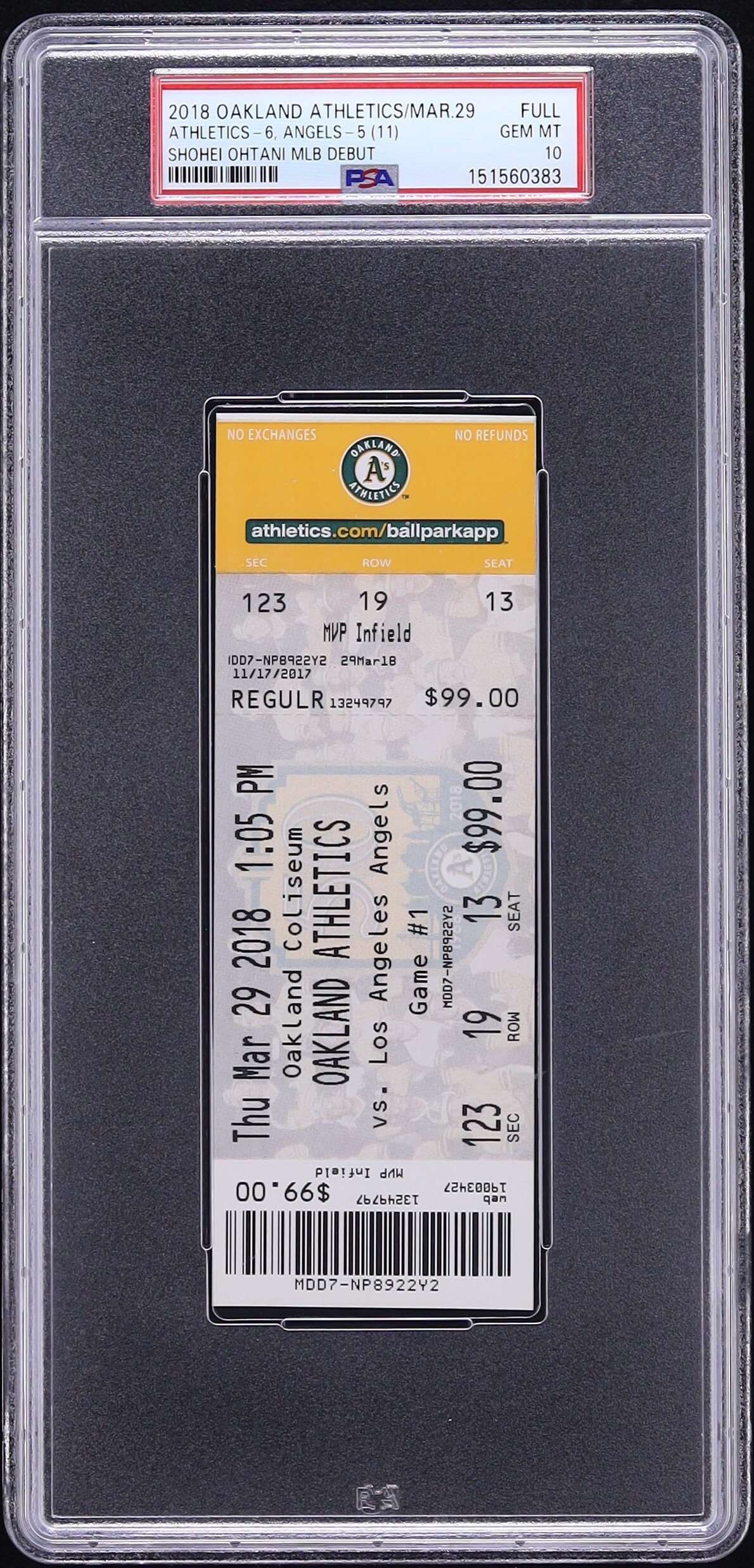 2018 Oakland A's Vs. Los Angeles Angels Full Ticket Shohei Ohtani MLB Debut PSA 10 GEM MINT