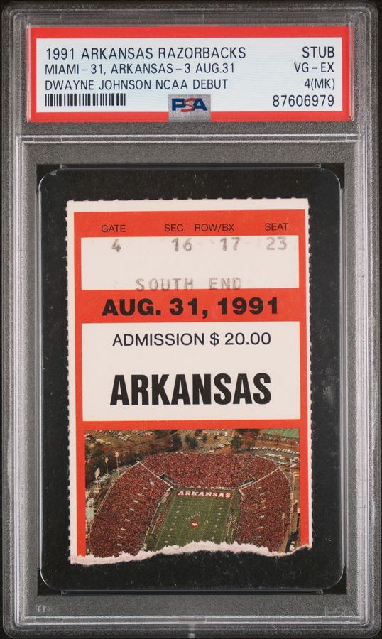 1991 Dwayne “The Rock” Johnson NCAA Debut Ticket – Miami vs. Arkansas PSA 4(MK) (Only Four PSA Graded Examples!!)