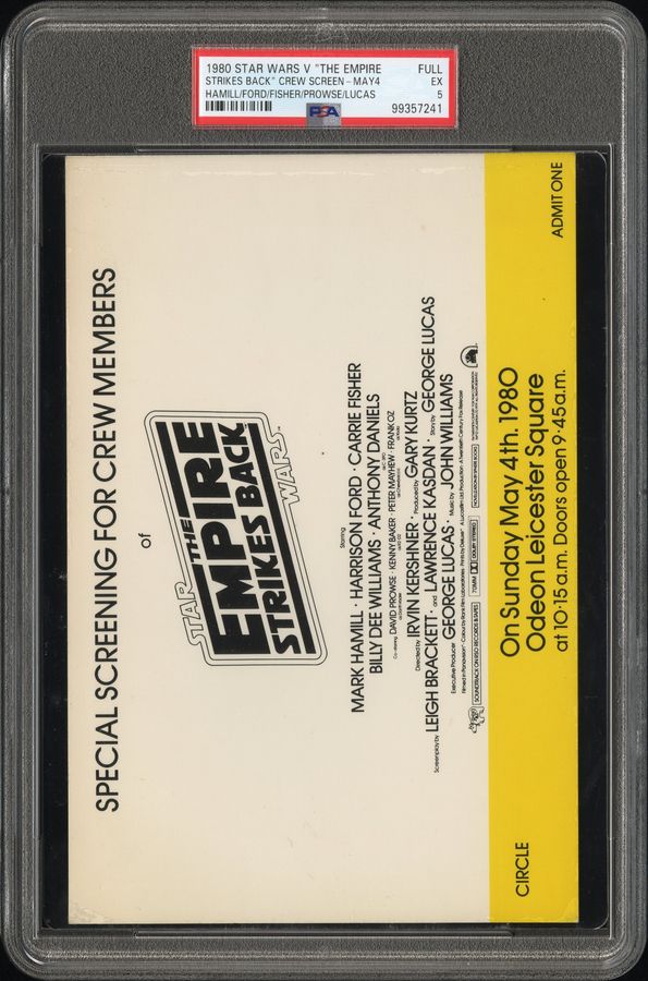 1980 Star Wars Empire Strikes Back Cast & Crew Screening – May the 4th – Hamill, Ford, Fisher, Lucas – PSA 5