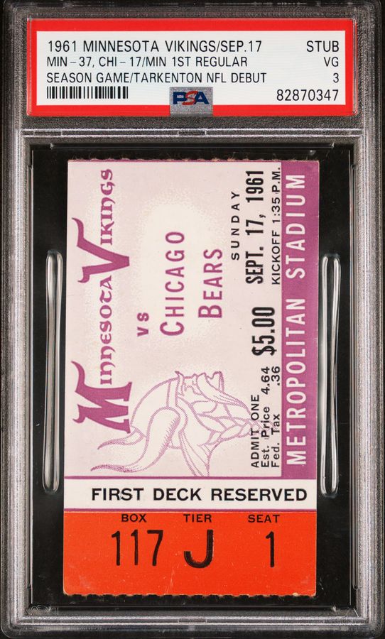 Tarkenton and Ditka NFL Debuts & Viking's Franchise 1st Game Regular Season Ticket Stub – PSA 3