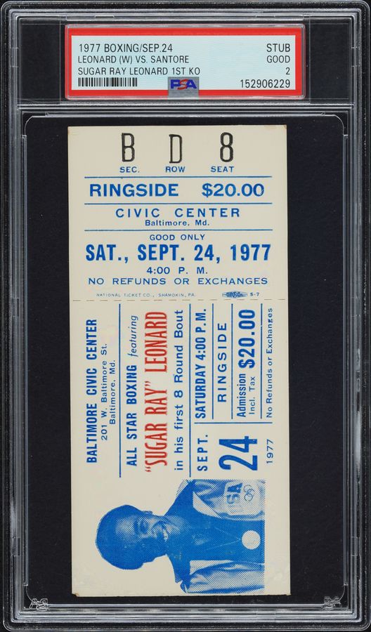 1977 Sugar Ray Leonard First Career Knockout Ticket Stub – vs. Frank Santore – PSA 2. ONLY GRADED EXAMPLE
