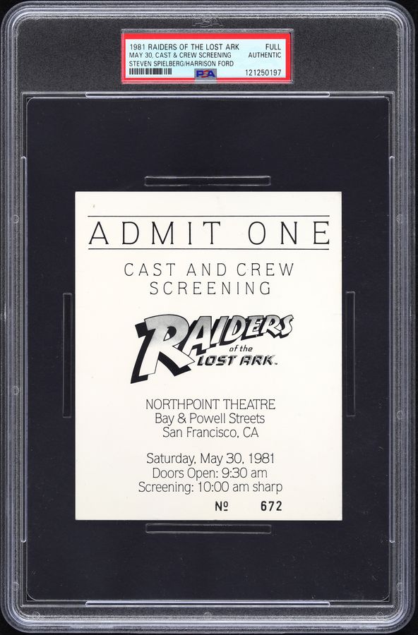 1981 Raiders of the Lost Ark Cast & Crew Screening Full Ticket – Steven Spielberg / Harrison Ford – PSA Authentic