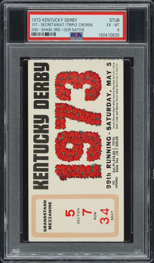 1973 Secretariat Kentucky Derby Record-Setting Victory Ticket Stub – Triple Crown Season – PSA 6, HIGHEST GRADE EXAMPLE, Pop Five