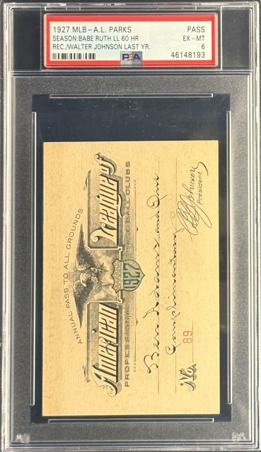 1927 American League Annual Pass– Babe Ruth 60 HR Season – Walter Johnson's Final Season – PSA 6 EX-MT, Highest Graded of Six Examples on PSA's Pop Report