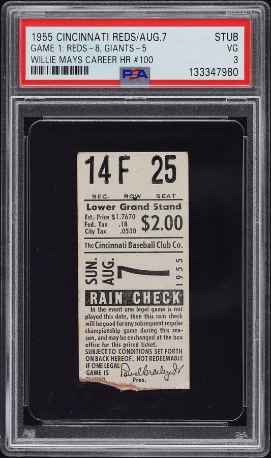 Willie Mays 100th Career Home Run - Only Graded Example - 1955 New York Giants v. Cincinnati Reds Ticket Stub – PSA VG 3