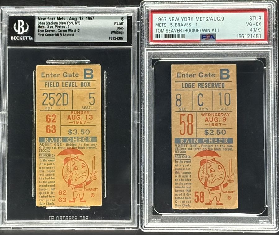 1967 Tom Seaver Rookie Season Two-Ticket Lot– Wins #11 & #12 / First Career Shutout – New York Mets - PSA 4 & Beckett 6
