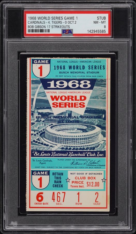 HIGHEST GRADED EXAMPLE - 1968 World Series Game 1 Ticket Stub – Bob Gibson's Record 17 Strikeouts – Cardinals v. Tigers - PSA 8 (Pop 2)