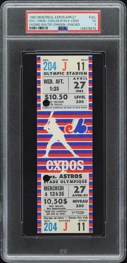 1983 Nolan Ryan Record Breaking 3,509th Strikeout Full Ticket – Passes Walter Johnson – SUPER RARE FULL Ticket PSA VG 3 (Only Three Graded)