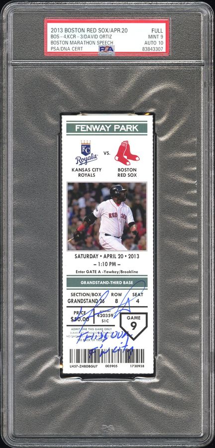 2013 David Ortiz “This Is Our F-ing City” Signed Boston Marathon Speech (Ortiz Pictured) Full Ticket – PSA 9, Auto 10