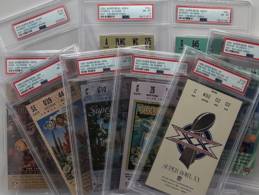 PSA Graded Super Bowl Collection of Nine Tickets– Brady, Packers, Cowboys, Bears & Ravens
