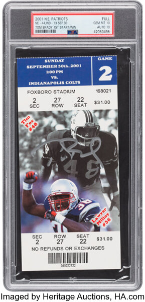 2001 New England Patriots Tom Brady Signed First Start Full Ticket, PSA Gem Mint 10 &amp; PSA/DNA Auto 10