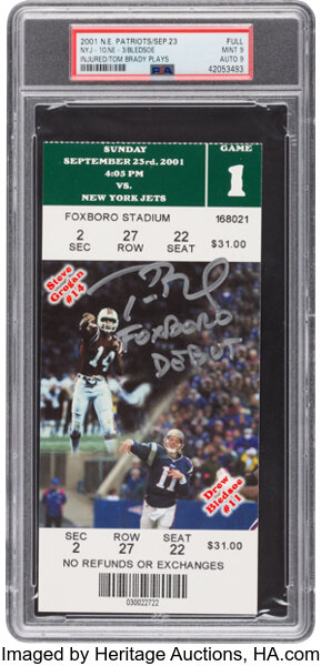 2001 New England Patriots Tom Brady Signed Foxboro Debut Full Ticket, PSA Mint 9 &amp; PSA/DNA Auto 9