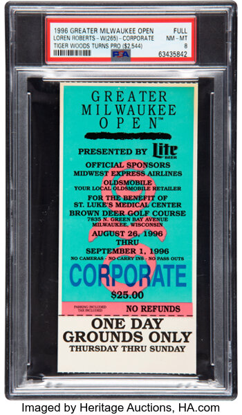 1996 Greater Milwaukee Open Full Ticket (Tiger Woods Professional Debut) PSA NM-MT 8