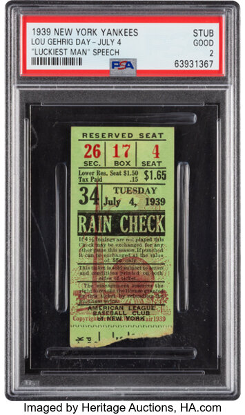 1939 Lou Gehrig Day New York Yankees Ticket Stub, PSA Good 2