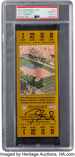 2002 Super Bowl XXXVI Full Ticket Signed by Tom Brady, PSA Gem Mint 10 - PSA/DNA Auto 10