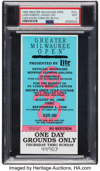 1996 Greater Milwaukee Open Full Ticket (Tiger Woods Professional Debut) PSA Mint 9--Highest Graded Example!