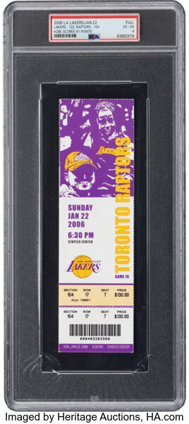2006 Kobe Bryant 81-Point Game Los Angeles Lakers Full Ticket, PSA VG-EX 4