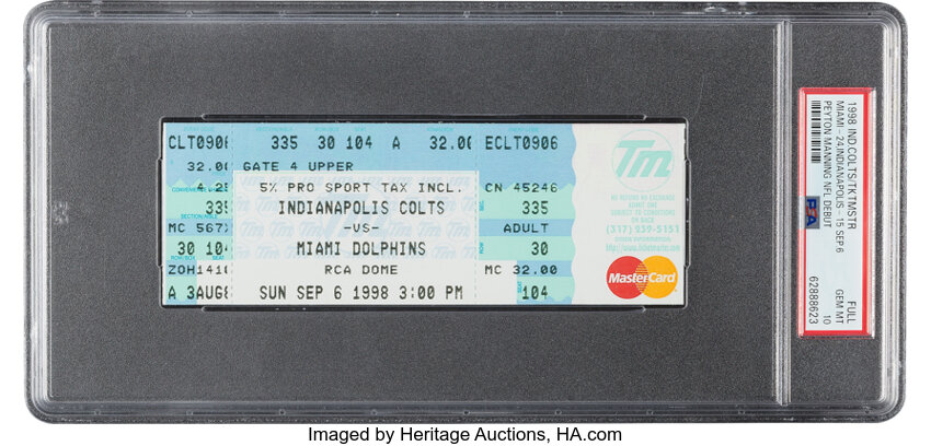 1998 Peyton Manning NFL Debut &amp; First Touchdown Indianapolis Colts Full Ticket, PSA Gem Mint 10 - Pop 1/1!