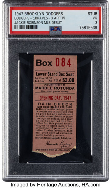 1947 Brooklyn Dodgers Debut of Jackie Robinson Ticket Stub, PSA VG 3--Pop One of One!
