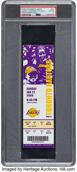2006 Kobe Bryant 81-Point Game Los Angeles Lakers Full Ticket, PSA NM-MT 8 - Pop 9 with 1 Higher!