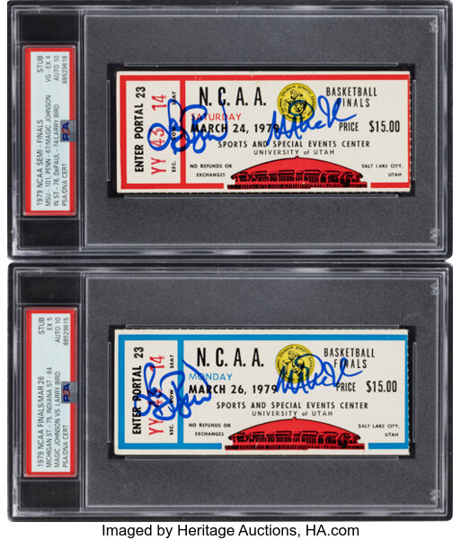 1979 NCAA Basketball Semi-Finals &amp; Finals Ticket Stubs Signed by Larry Bird &amp; Magic Johnson, Both PSA Graded with 10 Autos - Highest Graded Example!