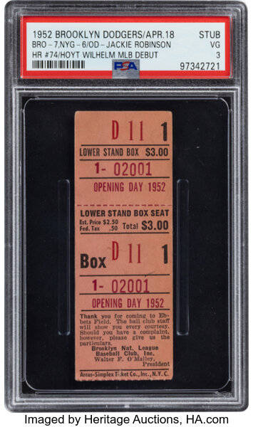 1952 Hoyt Wilhelm MLB Debut &amp; Jackie Robinson Career Home Run #74 Ticket Stub, VG 3 - Pop One, One Higher