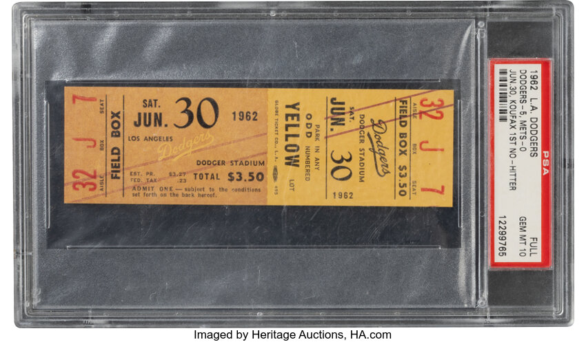 1962 Sandy Koufax 1st Career No-Hitter Full Ticket, PSA Gem Mint 10 - Highest Graded Exemplar!