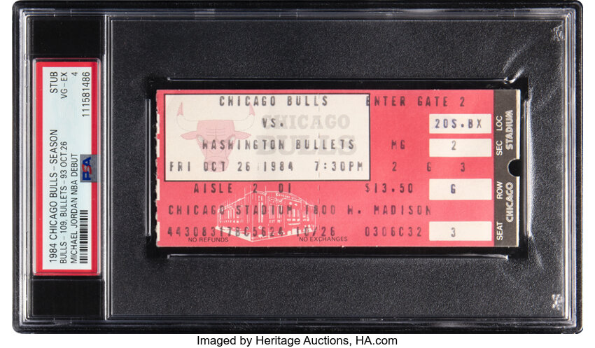 1984 Michael Jordan NBA Debut Chicago Bulls Ticket Stub, PSA VG-EX 4 - Pop Two, Three Higher