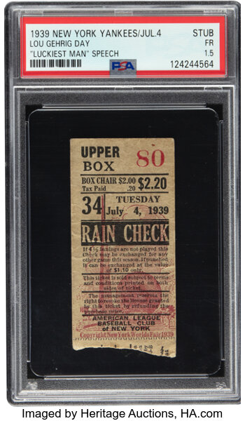 1939 Lou Gehrig Day (Luckiest Man Speech) New York Yankees Ticket Stub, PSA Fair 1.5