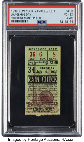1939 Lou Gehrig Day (Luckiest Man Speech) New York Yankees Ticket Stub, PSA VG-EX 4 (MK) - Pop Two, None Higher