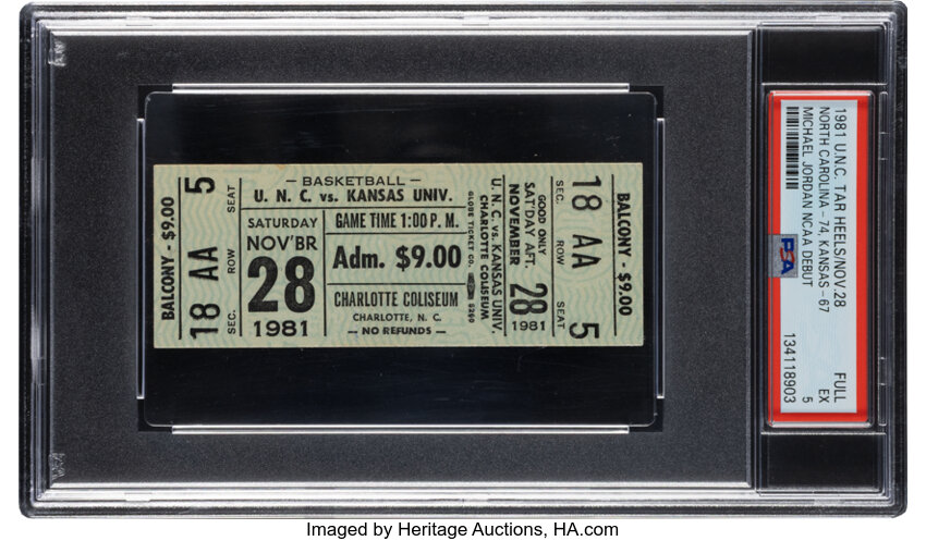 1981 Michael Jordan NCAA Debut UNC Tar Heels vs. Kansas Jayhawks Full Ticket, PSA EX 5 - Pop One, None Superior!