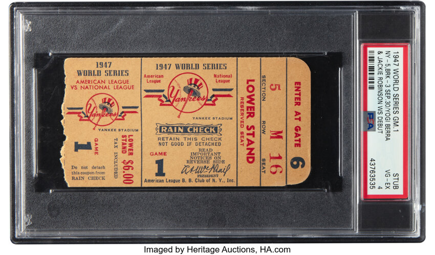 1947 Jackie Robinson &amp; Yogi Berra World Series Debuts Ticket Stub, PSA VG-EX 4