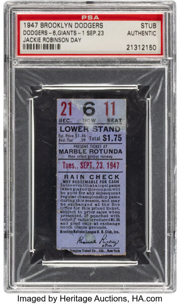 1947 Brooklyn Dodgers Jackie Robinson Day Ticket Stub, PSA Authentic - Pop Three, One Higher