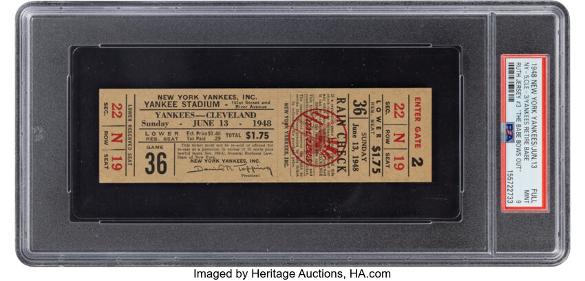1948 "The Babe Bows Out" Full Ticket from Ruth's Final Yankee Stadium Appearance, PSA Mint 9 - Pop One, None Superior
