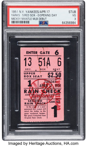 1951 Mickey Mantle Debut New York Yankees Opening Day Ticket Stub, PSA VG 3