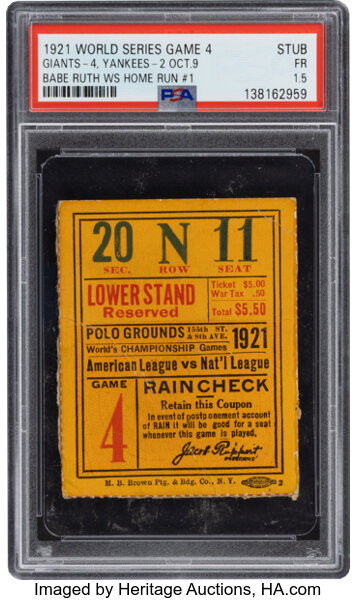 1921 World Series Game 4 ticket stub from Babe Ruth's first World Series home run, PSA FR 1.5, sold for $52,460