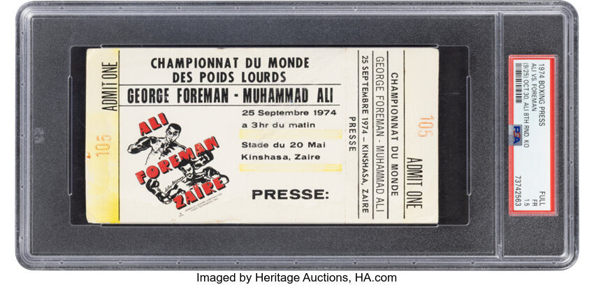 1974 Ali vs Foreman Rumble in the Jungle full press ticket, PSA FR 1.5, sold at Heritage for $13,420