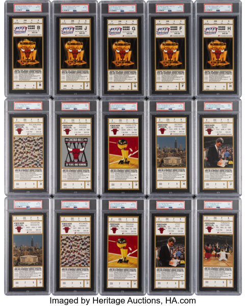 1995-96 Chicago Bulls Complete Run of PSA-Graded Full Tickets to Home Games Lot of 54 - Record Setting 72-10 Season!