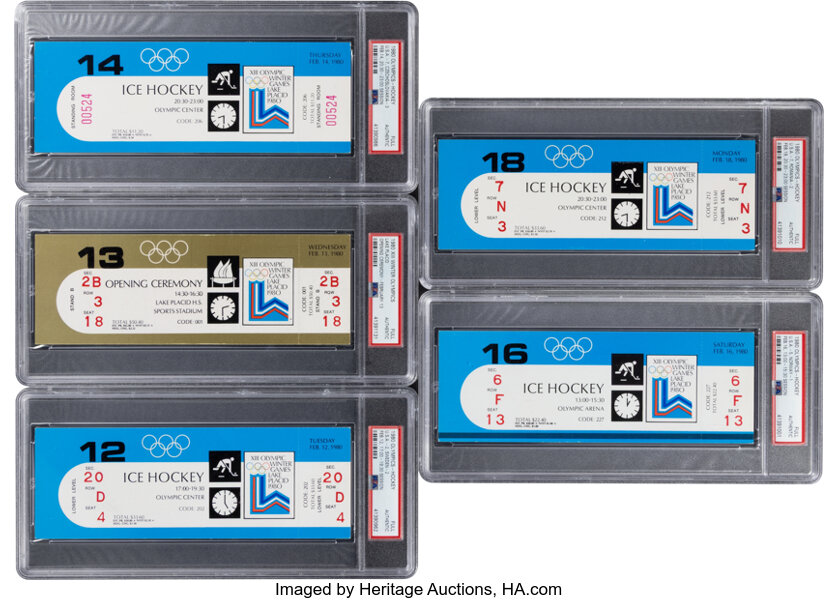 1980 USA Olympic Hockey Team Tickets Run of 10, PSA Graded with Miracle On Ice &amp; Gold Medal Full Tickets