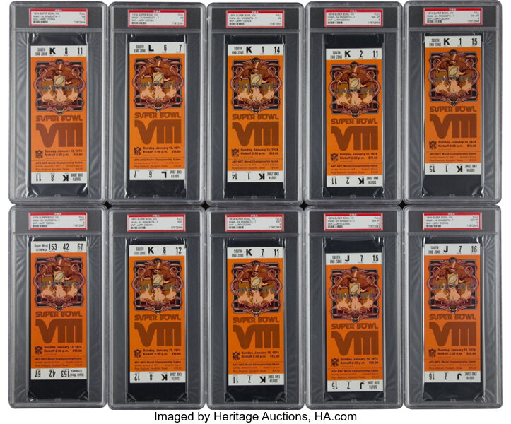 1974 Super Bowl VIII Miami Dolphins vs. Minnesota Vikings Full High Grade Tickets Lot of 448 - With Two PSA Gem Mint 10 Examples!