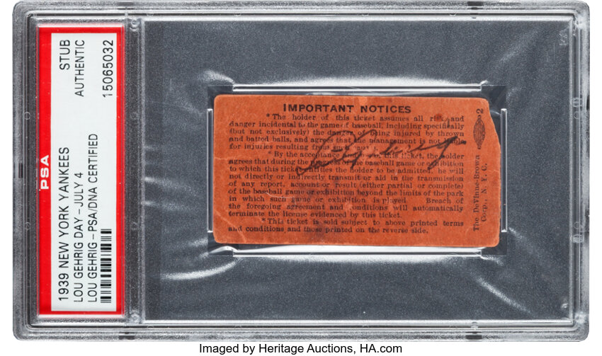 1939 Lou Gehrig Day Ticket Stub Signed by Gehrig, PSA Authentic