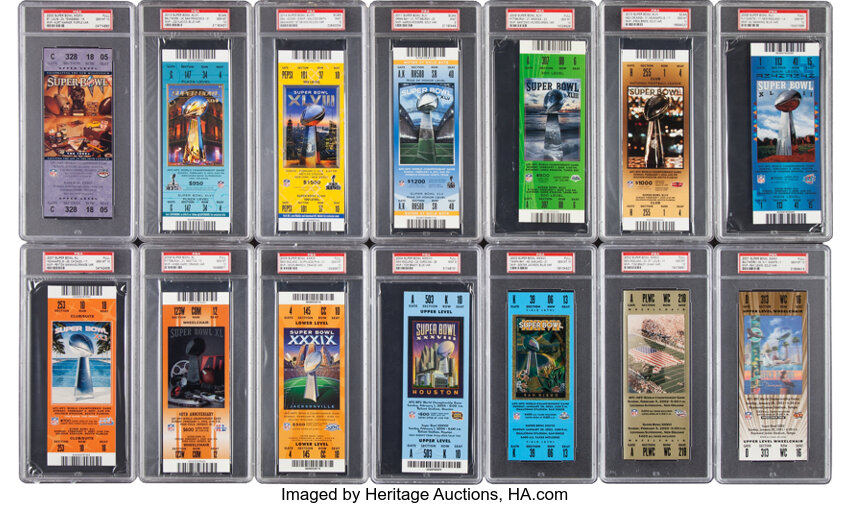 1988-2014 Super Bowl High-Grade Full Ticket Run of 27 - 23 Graded PSA Gem Mint 10!