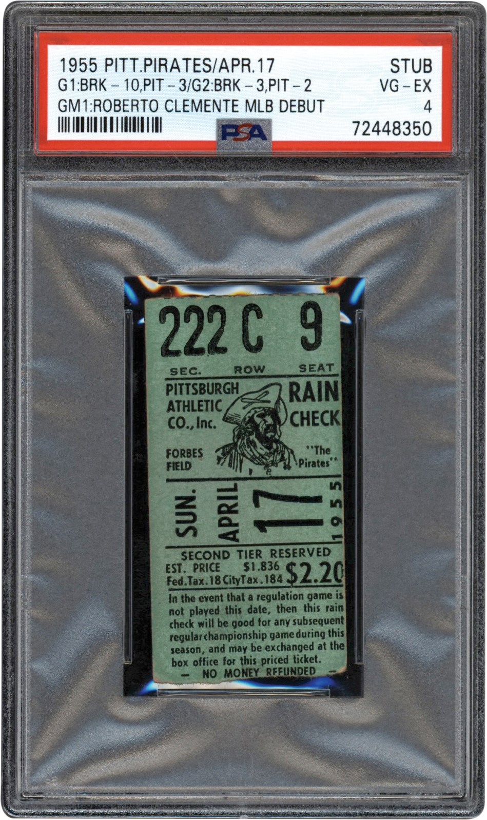 1955 Roberto Clemente MLB Debut Ticket Stub PSA VG-EX 4 (1 of 1 Only Known Example)
