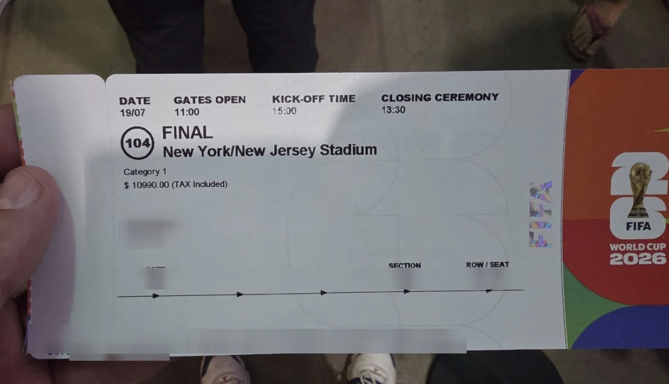 Printed Category 1 ticket for the 2026 World Cup final at MetLife Stadium