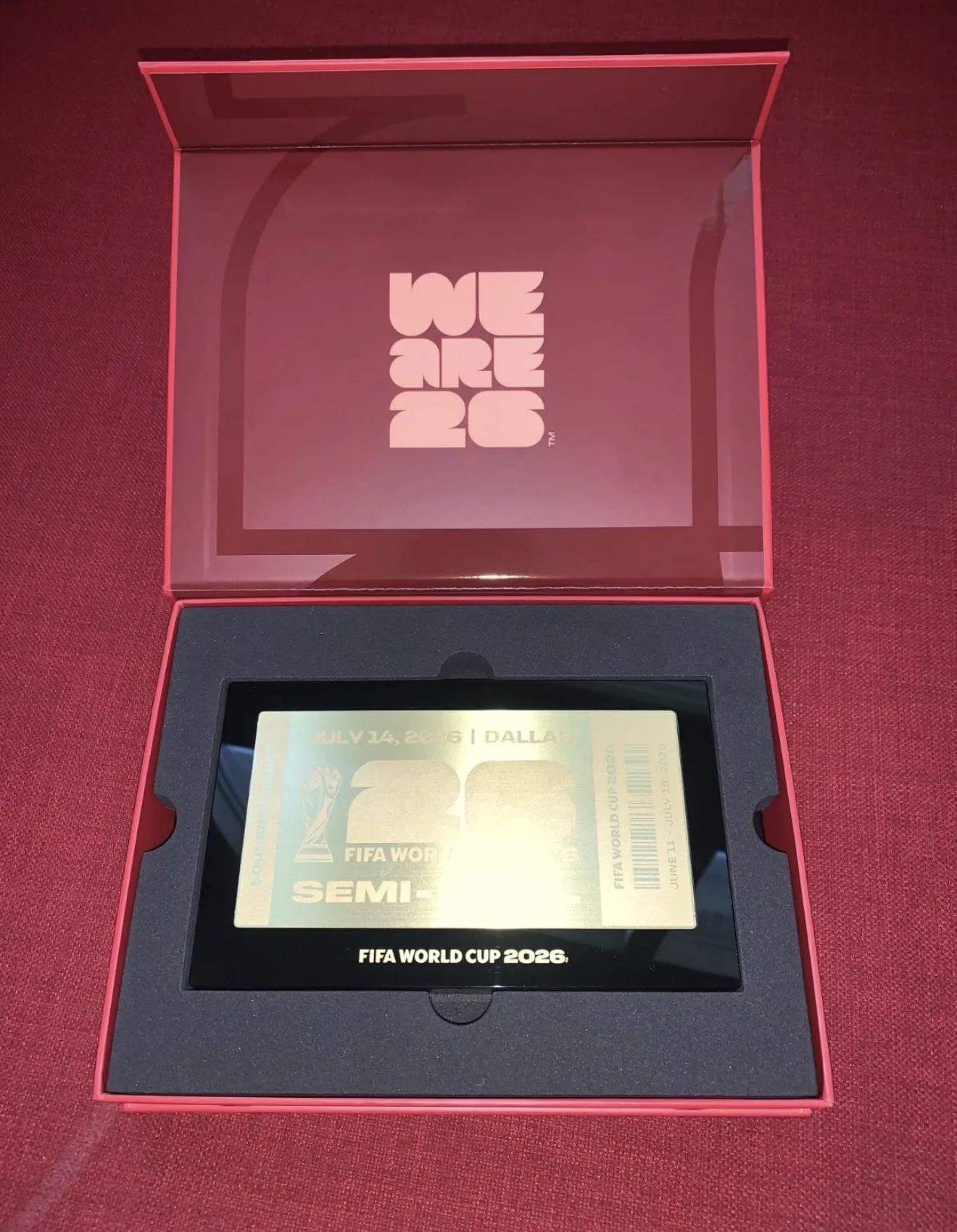 Metal 2026 World Cup semi-final souvenir ticket etched in gold and set in a resin block