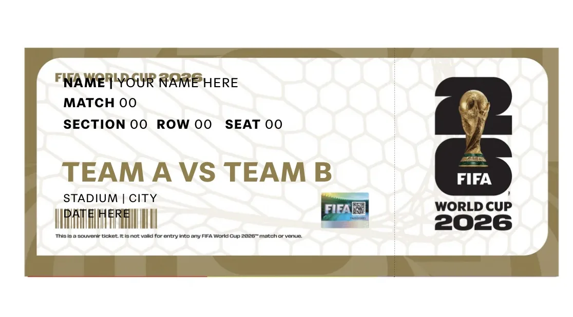 Gold 2026 World Cup final replica souvenir ticket template with name and seat fields
