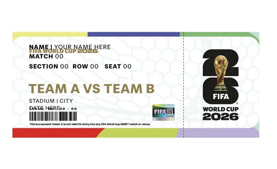 Standard 2026 World Cup replica souvenir ticket template for any match
